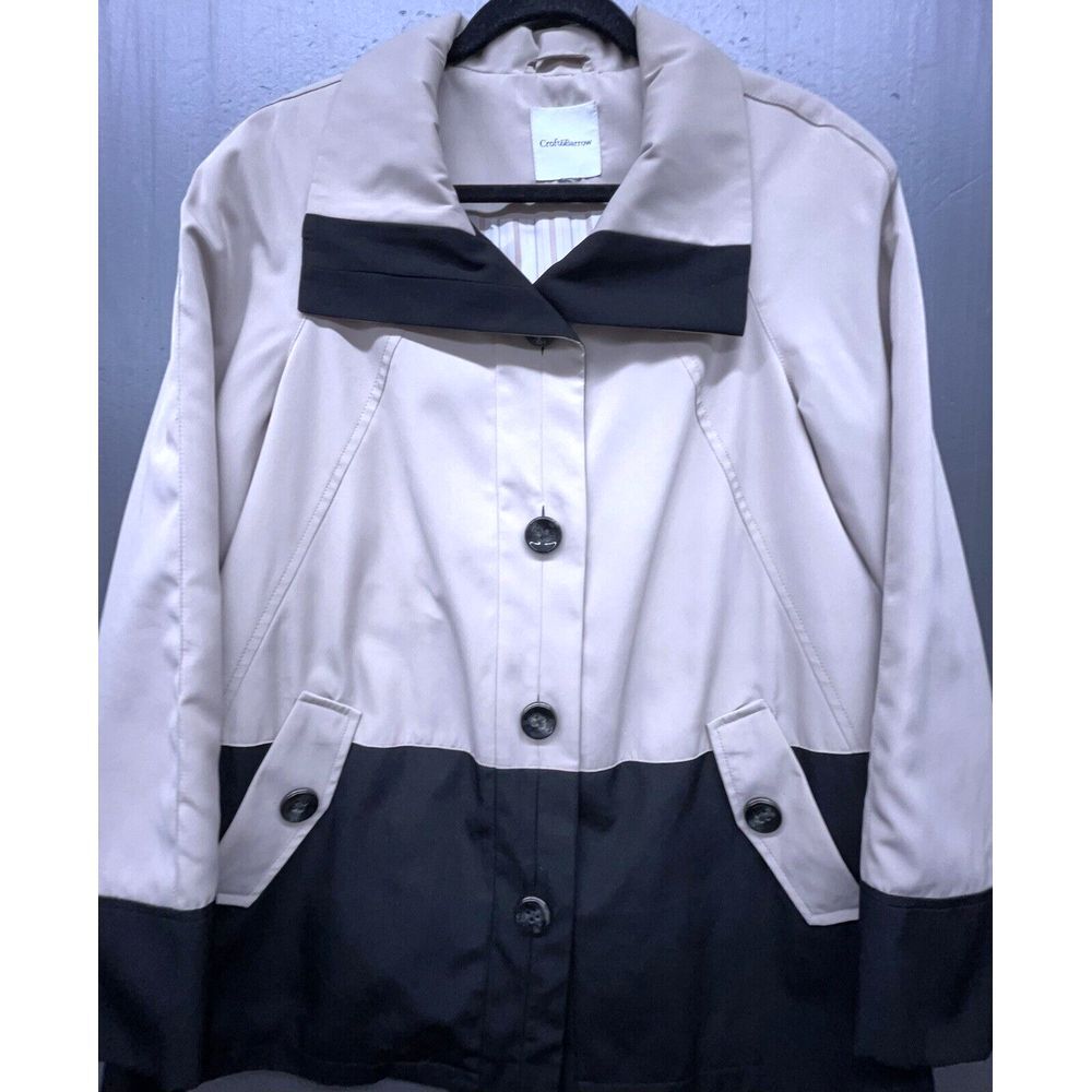 Croft & Barrow Rain Coat Women XL Beige Black Coated Lined‎ Trench Jacket